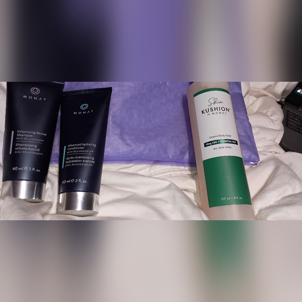 Monat 3 piece Set Shampoo and Conditioner with Rejuvenique, Kushion  Body Wash
